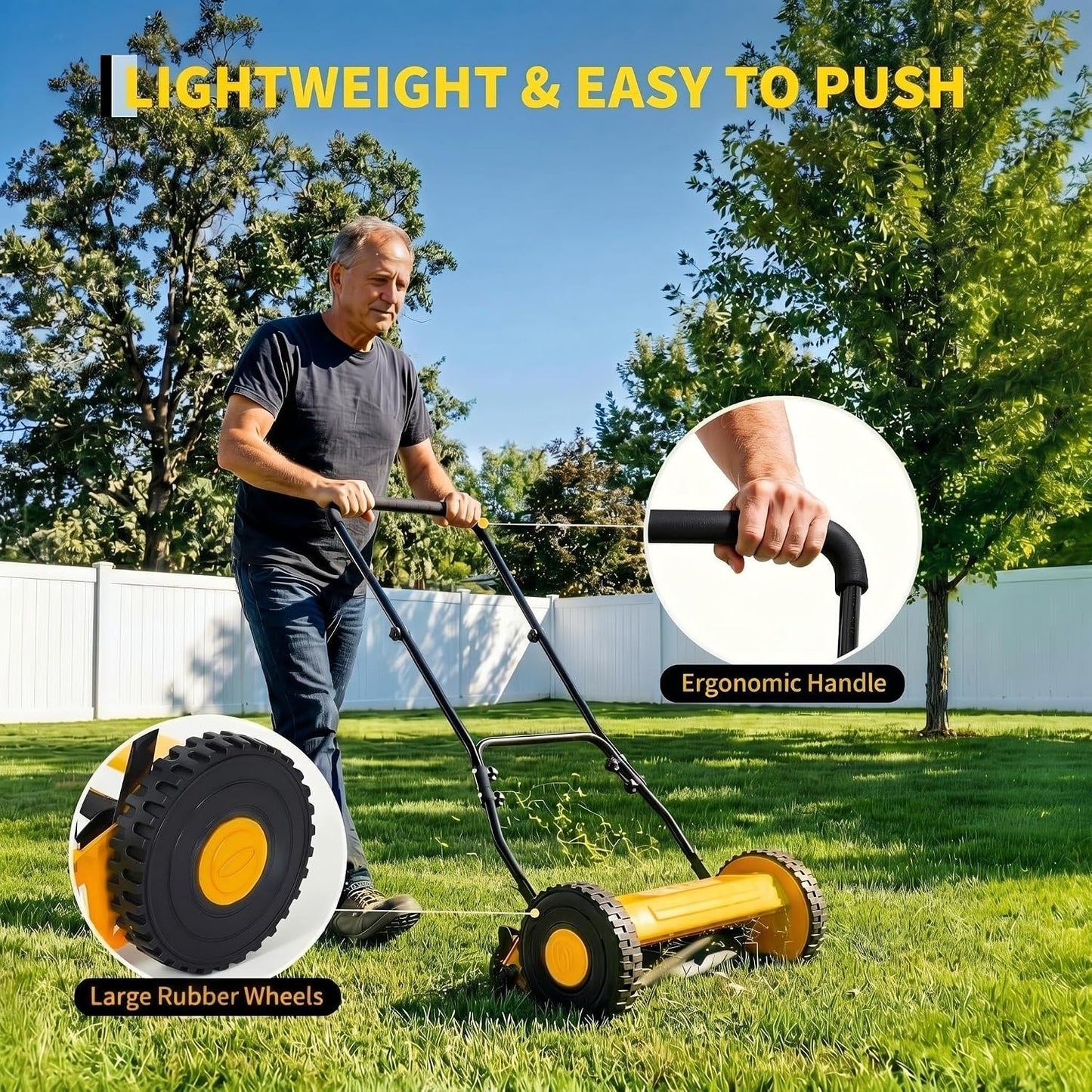 14" Push Lawn Mower, Manual Hand Push Lawn Mower without Grass Catcher, Lightweight & Portable Walk-Behind Mower for Small Yards, Garden & Patio