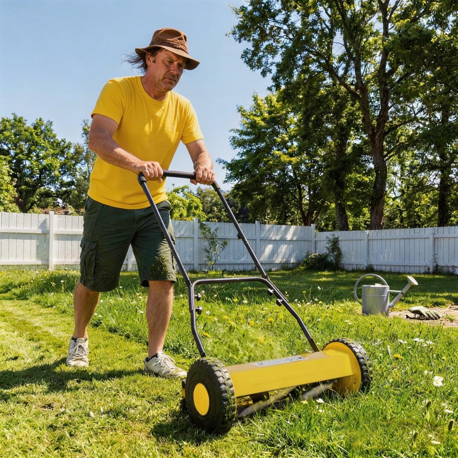 14" Push Lawn Mower, Manual Hand Push Lawn Mower without Grass Catcher, Lightweight & Portable Walk-Behind Mower for Small Yards, Garden & Patio