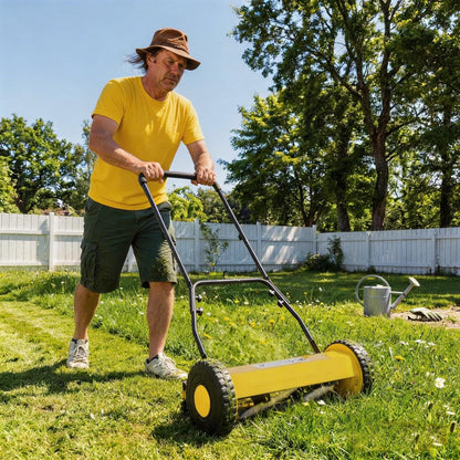 14" Push Lawn Mower, Manual Hand Push Lawn Mower without Grass Catcher, Lightweight & Portable Walk-Behind Mower for Small Yards, Garden & Patio