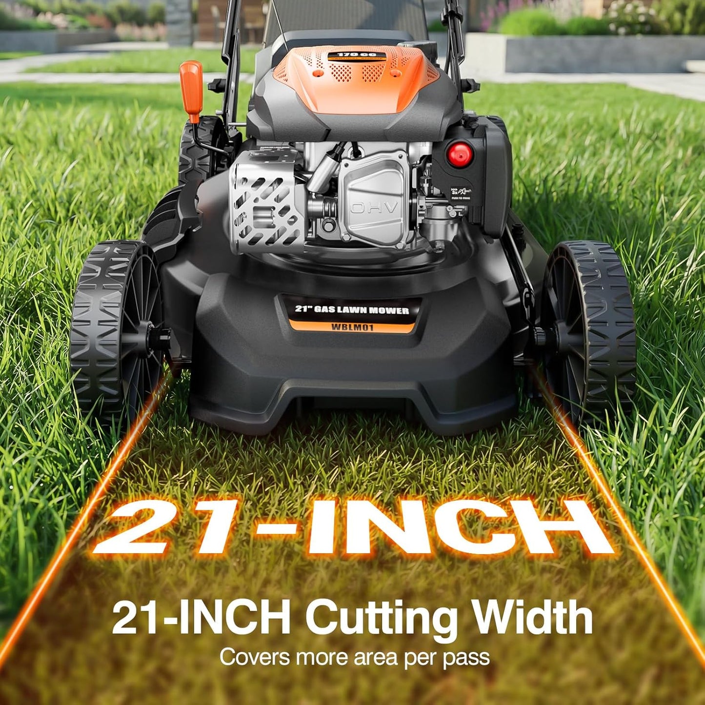 21” Self-Propelled Gas Lawn Mower, 170CC 4-In-1 Mulch/Rear Bag/Side Discharge/Rear Discharge, Foldable Gas Powered Lawn Mowers with 7-Position Cutting Height, Walk-Behind Gas Lawnmower (Yellow)