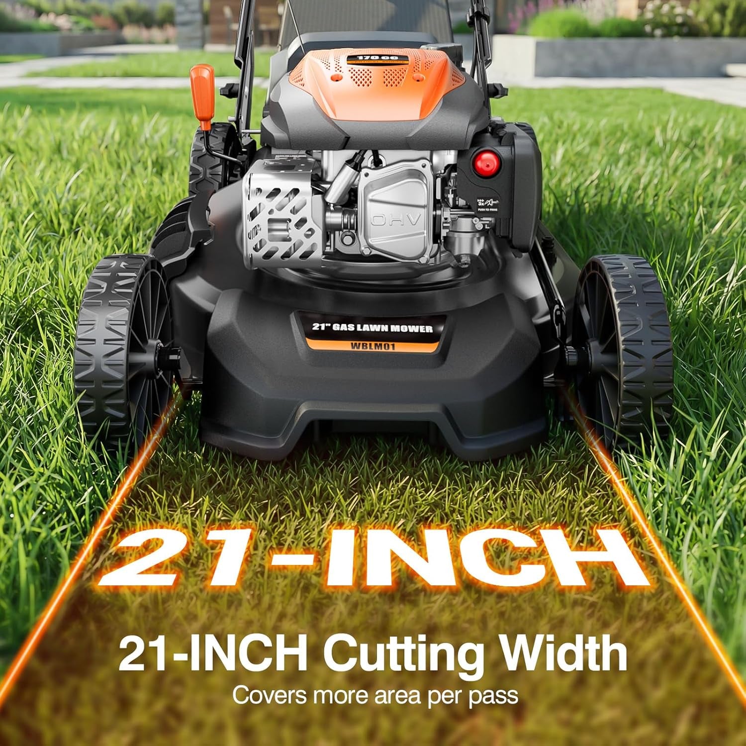 21” Self-Propelled Gas Lawn Mower, 170CC 4-In-1 Mulch/Rear Bag/Side Discharge/Rear Discharge, Foldable Gas Powered Lawn Mowers with 7-Position Cutting Height, Walk-Behind Gas Lawnmower (Yellow)