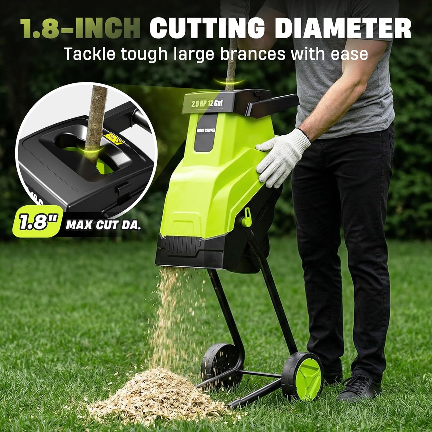 Wood Chipper, 15-Amp 1.8" Cutting Diameter Electric Wood Chipper & Shredder with 45L Collection Bag and Push Stick, Double-Sided Blade for Cutting Branches, Clippings