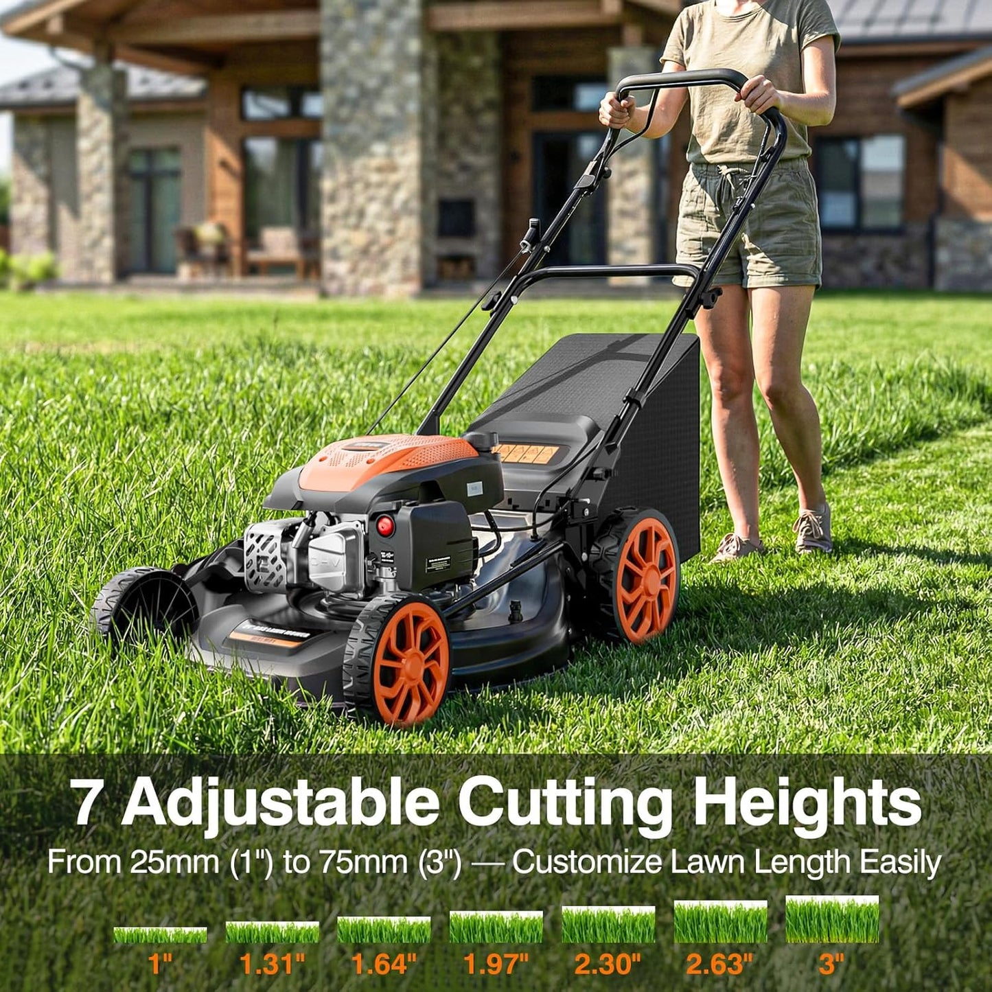 21” Self-Propelled Gas Lawn Mower, 170CC 4-In-1 Mulch/Rear Bag/Side Discharge/Rear Discharge, Foldable Gas Powered Lawn Mowers with 7-Position Cutting Height, Walk-Behind Gas Lawnmower (Yellow)