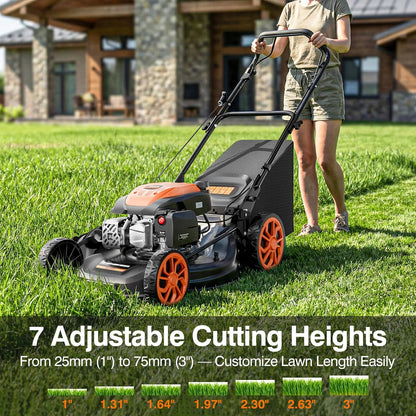 21” Self-Propelled Gas Lawn Mower, 170CC 4-In-1 Mulch/Rear Bag/Side Discharge/Rear Discharge, Foldable Gas Powered Lawn Mowers with 7-Position Cutting Height, Walk-Behind Gas Lawnmower (Yellow)