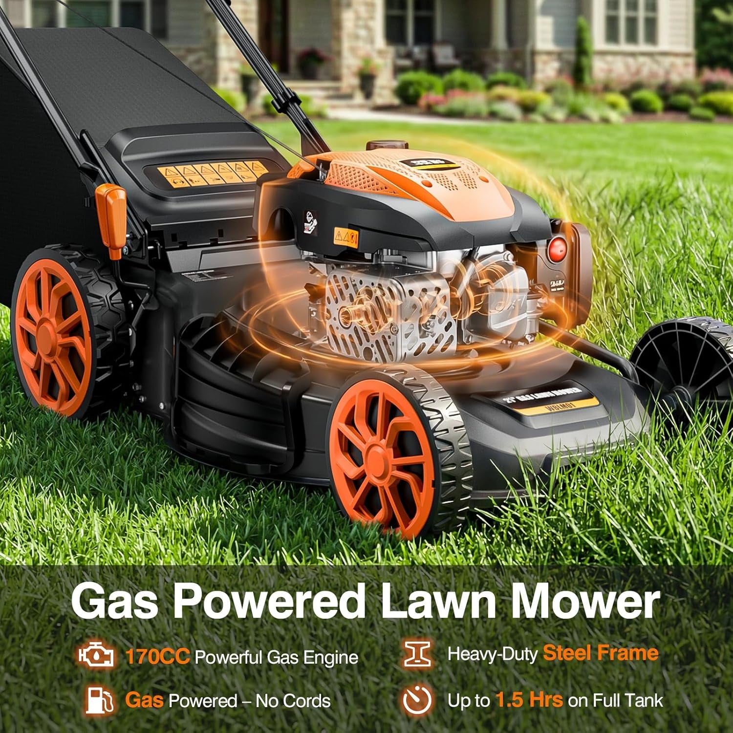 21” Self-Propelled Gas Lawn Mower, 170CC 4-In-1 Mulch/Rear Bag/Side Discharge/Rear Discharge, Foldable Gas Powered Lawn Mowers with 7-Position Cutting Height, Walk-Behind Gas Lawnmower (Yellow)