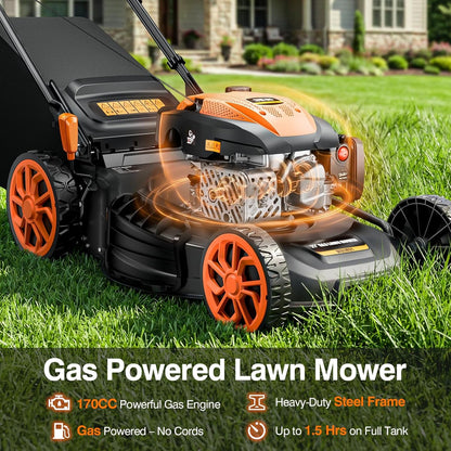 21” Self-Propelled Gas Lawn Mower, 170CC 4-In-1 Mulch/Rear Bag/Side Discharge/Rear Discharge, Foldable Gas Powered Lawn Mowers with 7-Position Cutting Height, Walk-Behind Gas Lawnmower (Yellow)