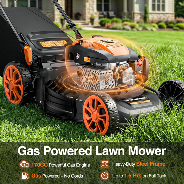 21” Self-Propelled Gas Lawn Mower, 170CC 4-In-1 Mulch/Rear Bag/Side Discharge/Rear Discharge, Foldable Gas Powered Lawn Mowers with 7-Position Cutting Height, Walk-Behind Gas Lawnmower (Yellow)