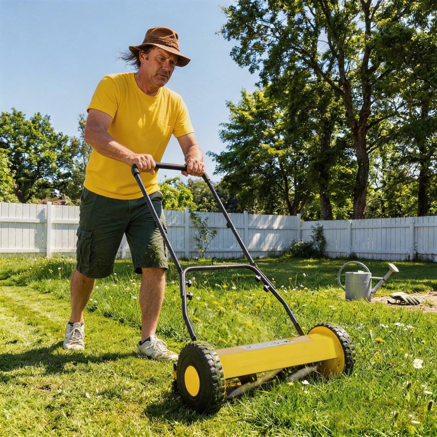 14" Push Lawn Mower, Manual Hand Push Lawn Mower without Grass Catcher, Lightweight & Portable Walk-Behind Mower for Small Yards, Garden & Patio