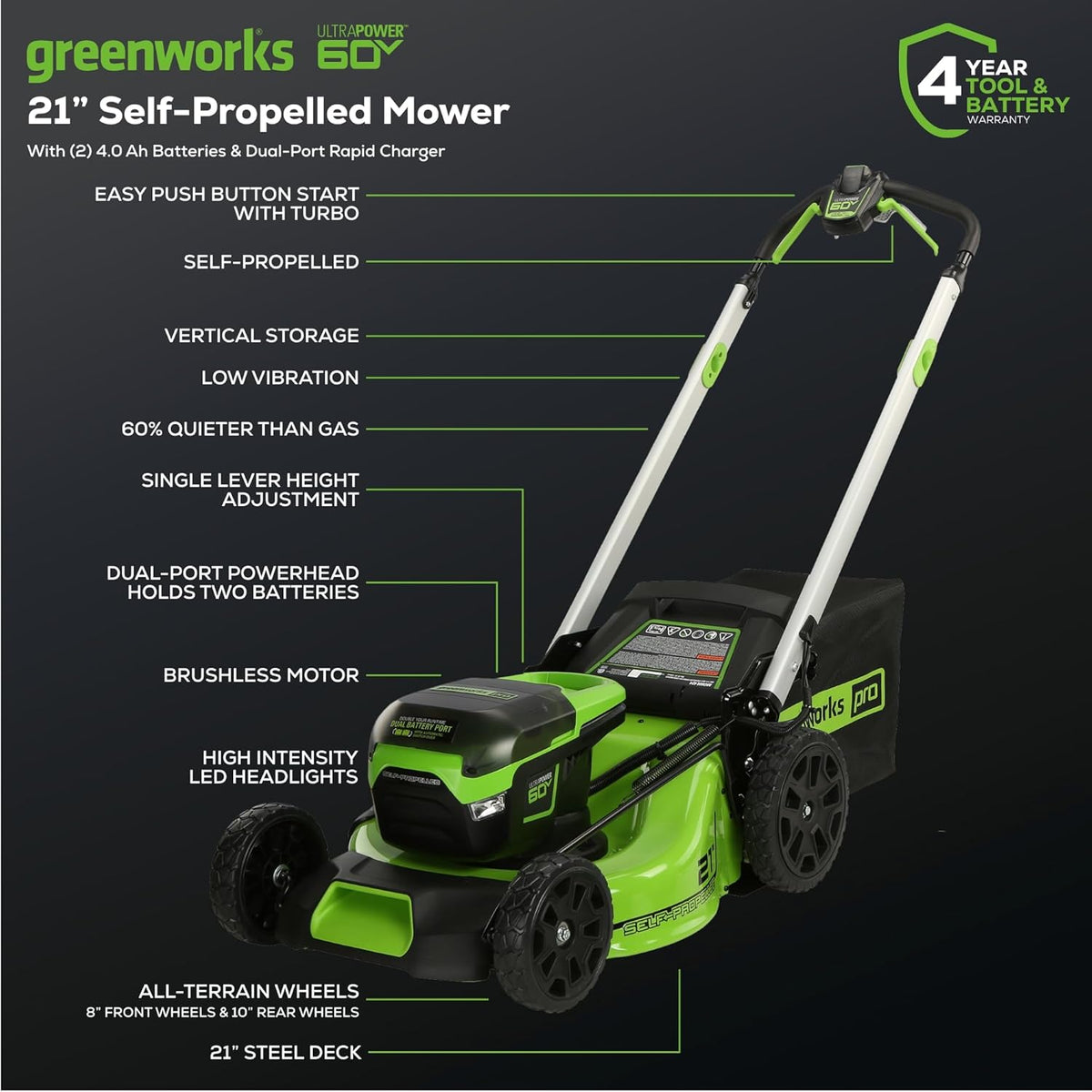 Greenworks 60V 21In Self-Propelled Lawn Mower, (2) 4.0 Ah Battery Kit