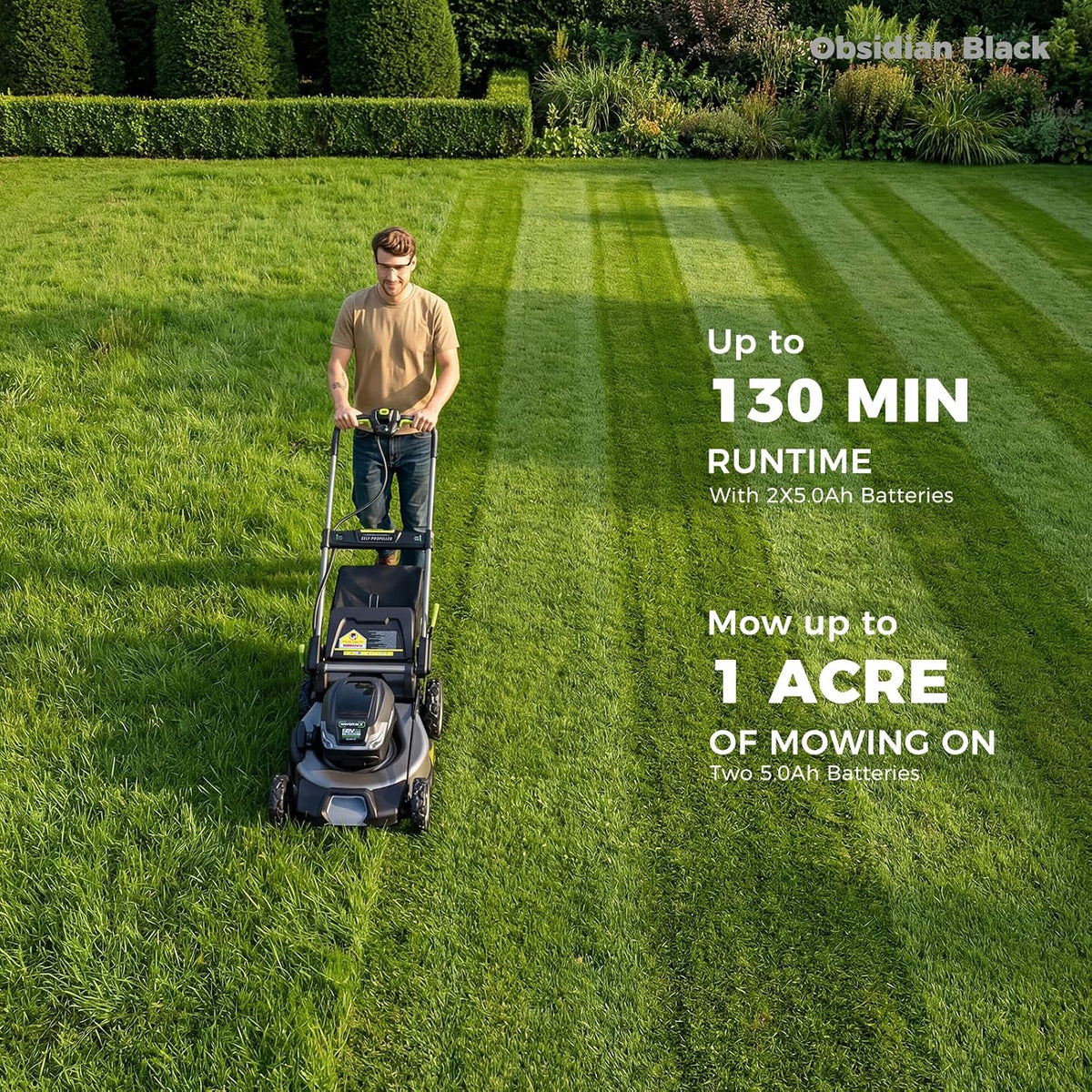 60V Cordless Lawn Mower with 2X5.0Ah Battries, 21" Self Propelled Electric Lawn Mower, Brushless Motor, LED Headlight 3 in 1 Mulching Bagging Side Discharge Obsidian Black