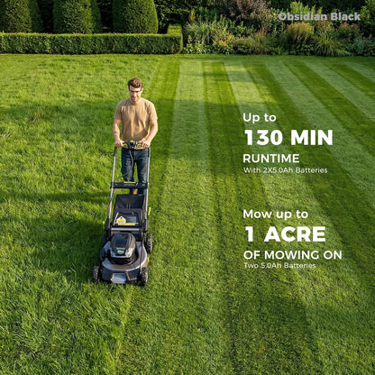 60V Cordless Lawn Mower with 2X5.0Ah Battries, 21" Self Propelled Electric Lawn Mower, Brushless Motor, LED Headlight 3 in 1 Mulching Bagging Side Discharge Obsidian Black