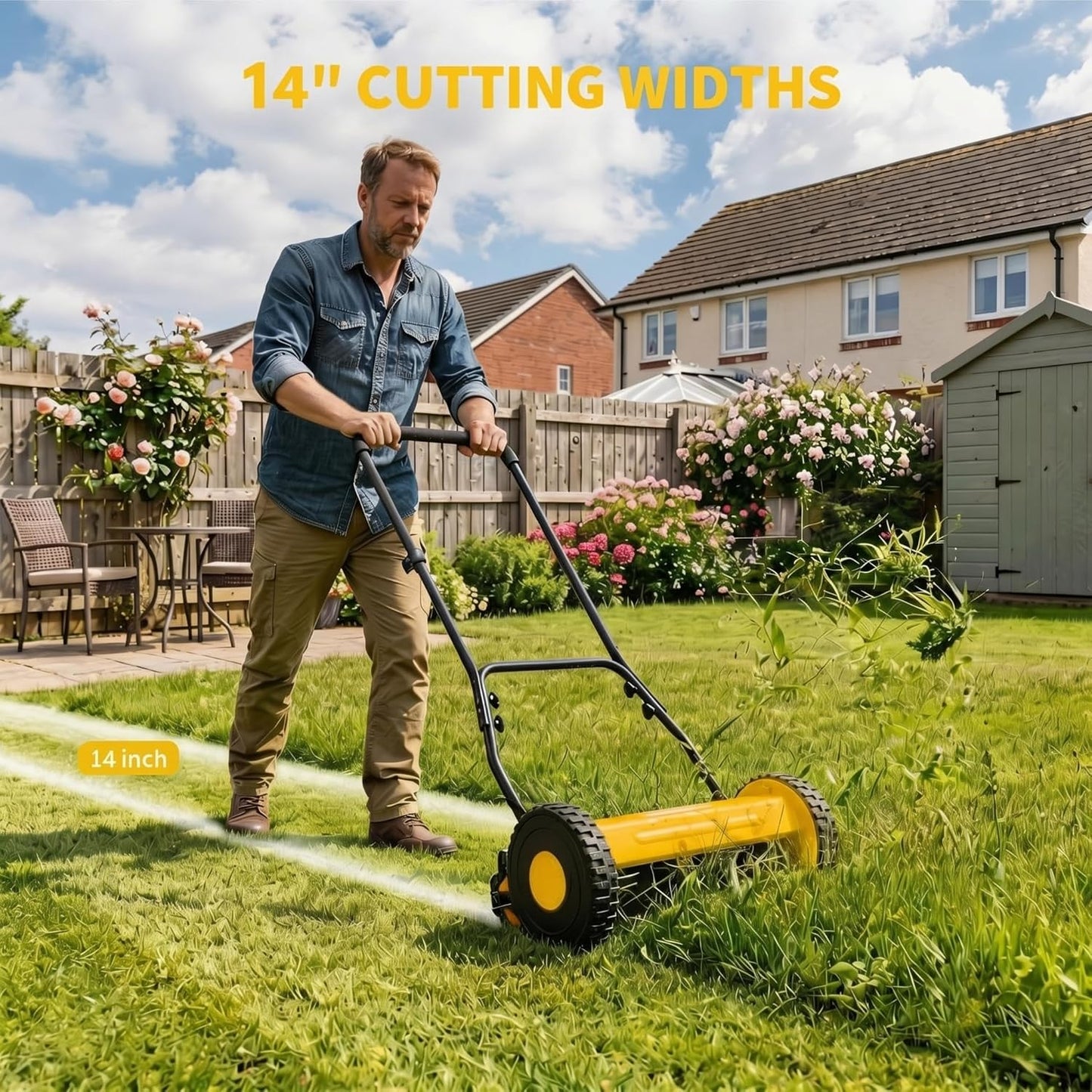 14" Push Lawn Mower, Manual Hand Push Lawn Mower without Grass Catcher, Lightweight & Portable Walk-Behind Mower for Small Yards, Garden & Patio