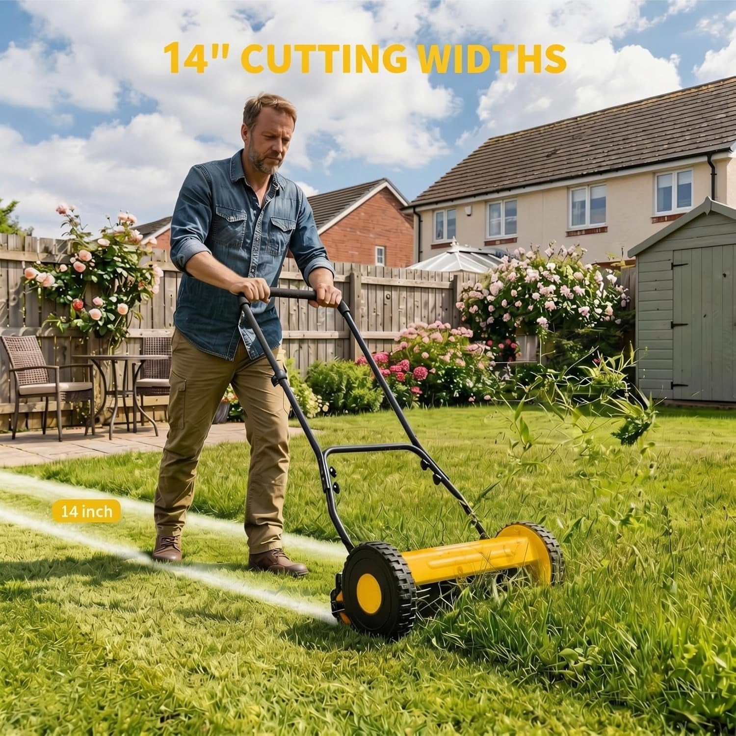 14" Push Lawn Mower, Manual Hand Push Lawn Mower without Grass Catcher, Lightweight & Portable Walk-Behind Mower for Small Yards, Garden & Patio