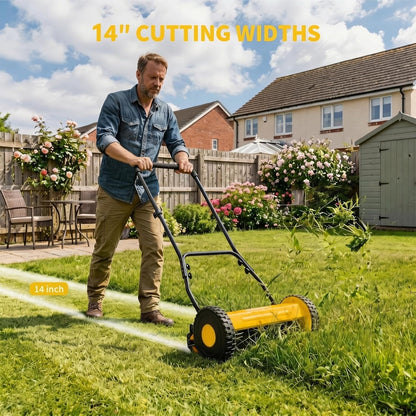 14" Push Lawn Mower, Manual Hand Push Lawn Mower without Grass Catcher, Lightweight & Portable Walk-Behind Mower for Small Yards, Garden & Patio
