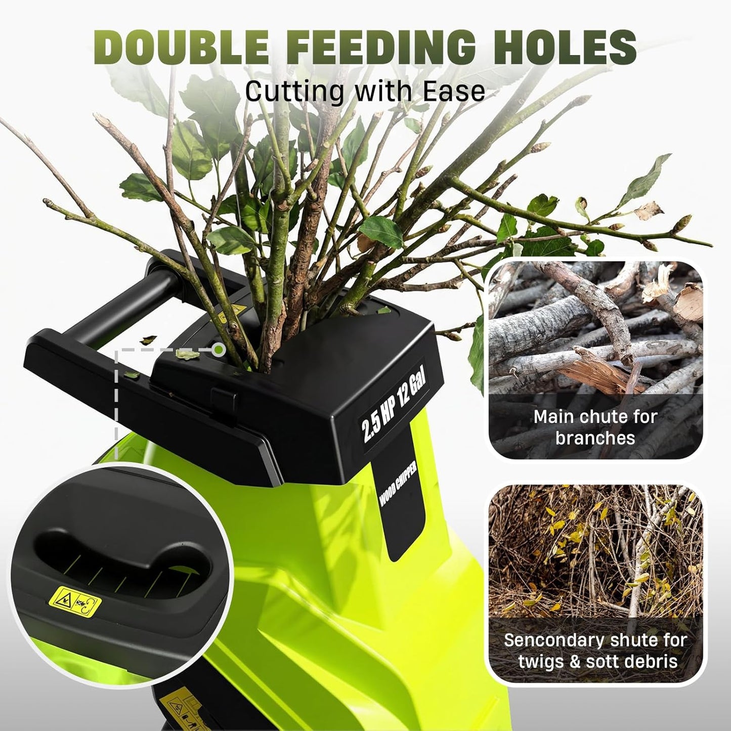 Wood Chipper, 15-Amp 1.8" Cutting Diameter Electric Wood Chipper & Shredder with 45L Collection Bag and Push Stick, Double-Sided Blade for Cutting Branches, Clippings