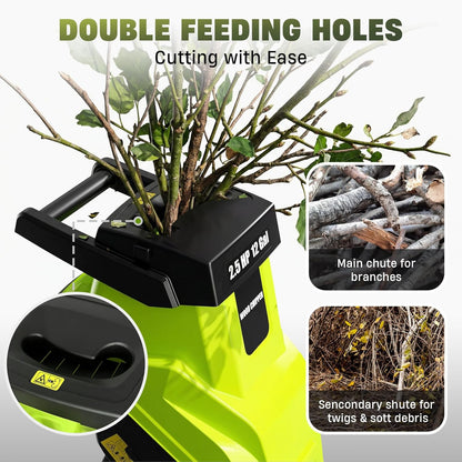 Wood Chipper, 15-Amp 1.8" Cutting Diameter Electric Wood Chipper & Shredder with 45L Collection Bag and Push Stick, Double-Sided Blade for Cutting Branches, Clippings