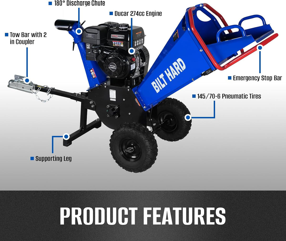 5 Inch 274Cc 9HP Gas Powered Drum Wood Chipper, Towable Branch Shredder Mulcher with Tow Bar and Emergency Stop Bar