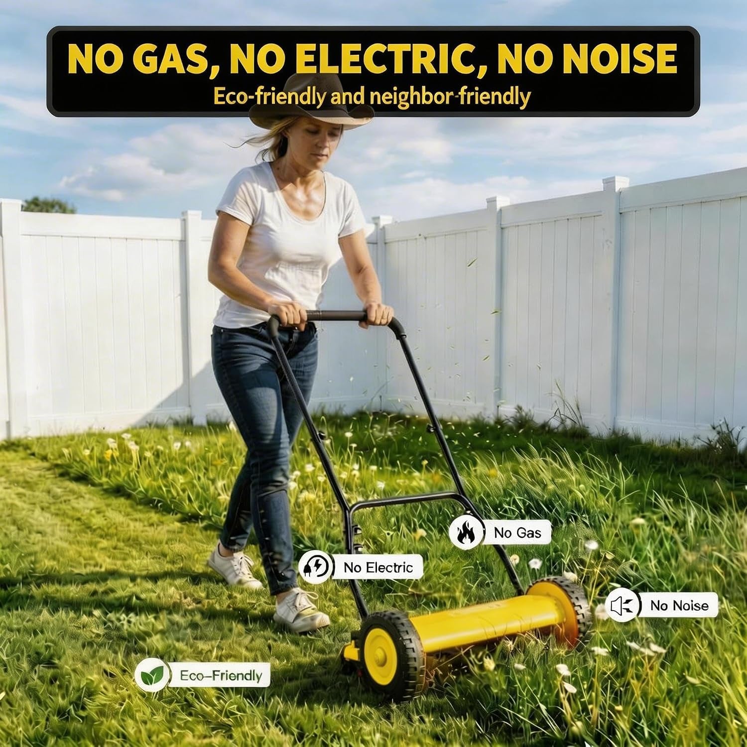 14" Push Lawn Mower, Manual Hand Push Lawn Mower without Grass Catcher, Lightweight & Portable Walk-Behind Mower for Small Yards, Garden & Patio