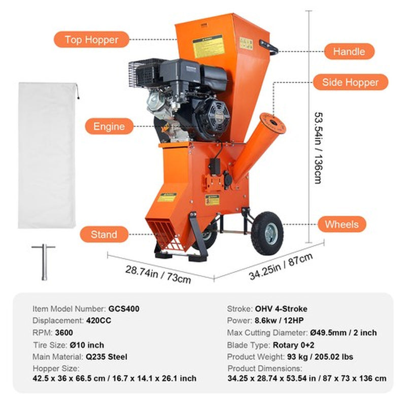 Wood Chipper Shredder Mulcher 12 HP Heavyduty Gas Powered 2” 420Cc 8.6Kw