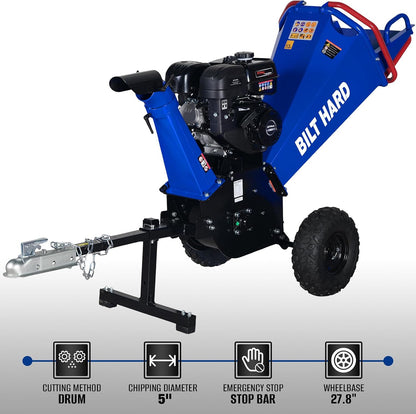 5 Inch 274Cc 9HP Gas Powered Drum Wood Chipper, Towable Branch Shredder Mulcher with Tow Bar and Emergency Stop Bar