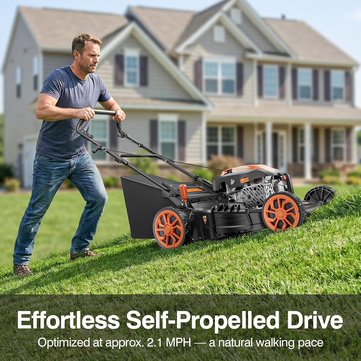 21” Self-Propelled Gas Lawn Mower, 170CC 4-In-1 Mulch/Rear Bag/Side Discharge/Rear Discharge, Foldable Gas Powered Lawn Mowers with 7-Position Cutting Height, Walk-Behind Gas Lawnmower (Yellow)
