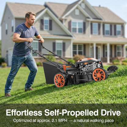 21” Self-Propelled Gas Lawn Mower, 170CC 4-In-1 Mulch/Rear Bag/Side Discharge/Rear Discharge, Foldable Gas Powered Lawn Mowers with 7-Position Cutting Height, Walk-Behind Gas Lawnmower (Yellow)