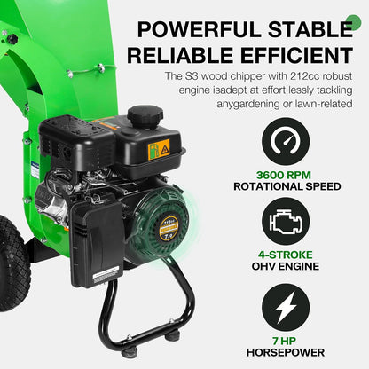 S3 Wood Chipper Shredder, 7HP 212Cc Gas Powered Heavy Duty, 3" Max Wood Diameter Capacity, 15: 1 Reduction Ratio, Easy Assembly, 1-Year Warranty after Product Registration