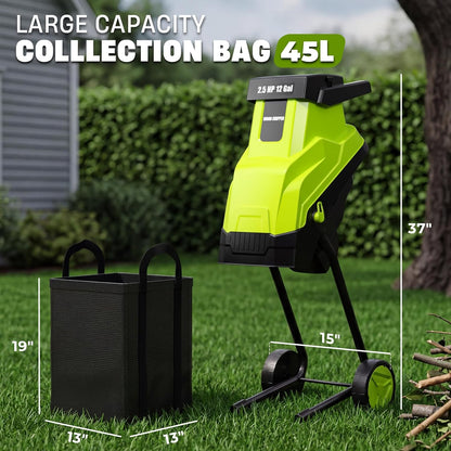 Wood Chipper, 15-Amp 1.8" Cutting Diameter Electric Wood Chipper & Shredder with 45L Collection Bag and Push Stick, Double-Sided Blade for Cutting Branches, Clippings