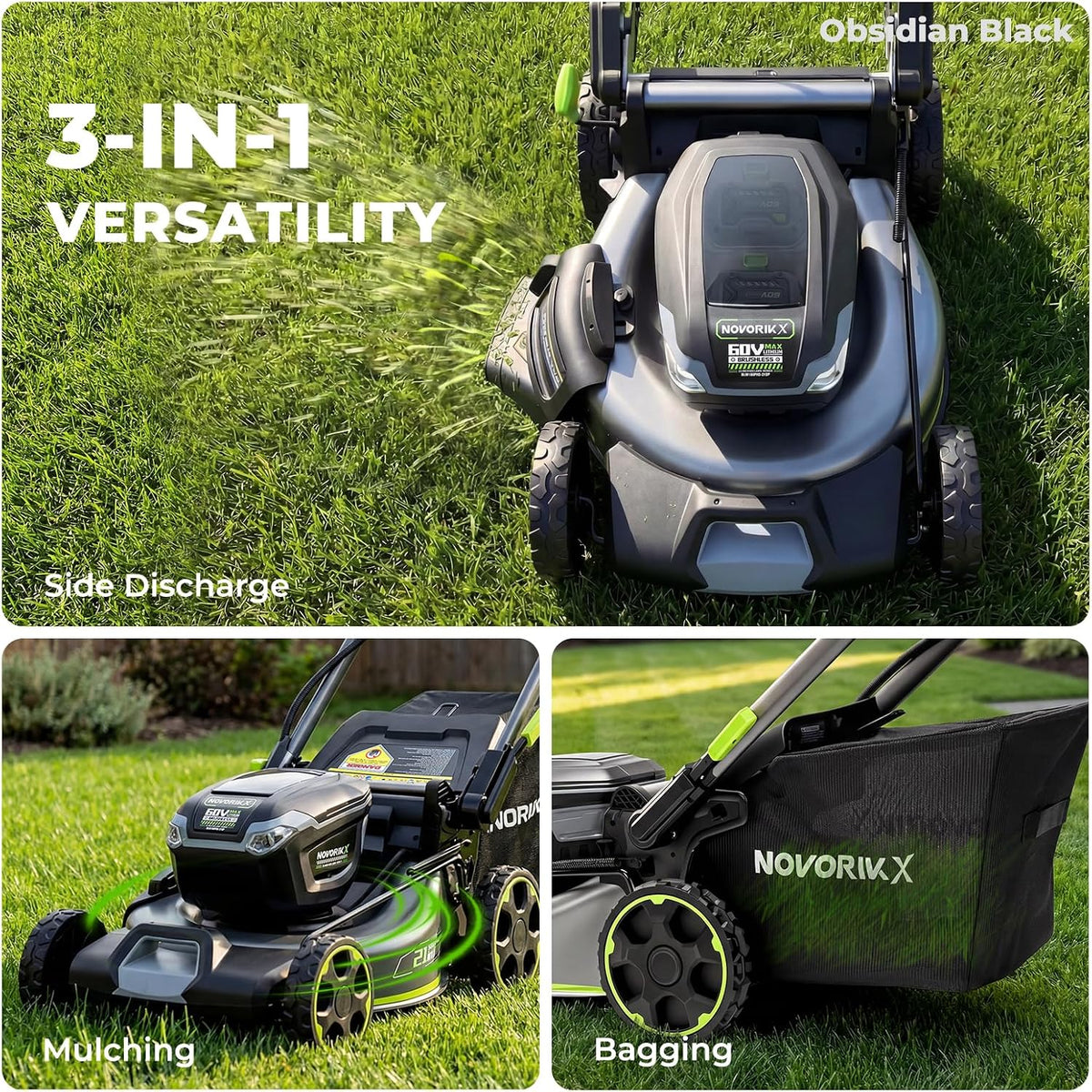 60V Cordless Lawn Mower with 2X5.0Ah Battries, 21" Self Propelled Electric Lawn Mower, Brushless Motor, LED Headlight 3 in 1 Mulching Bagging Side Discharge Obsidian Black