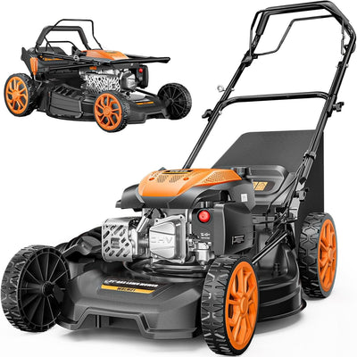 21” Self-Propelled Gas Lawn Mower, 170CC 4-In-1 Mulch/Rear Bag/Side Discharge/Rear Discharge, Foldable Gas Powered Lawn Mowers with 7-Position Cutting Height, Walk-Behind Gas Lawnmower (Yellow)