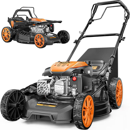 21” Self-Propelled Gas Lawn Mower, 170CC 4-In-1 Mulch/Rear Bag/Side Discharge/Rear Discharge, Foldable Gas Powered Lawn Mowers with 7-Position Cutting Height, Walk-Behind Gas Lawnmower (Yellow)