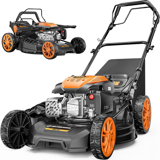21” Self-Propelled Gas Lawn Mower, 170CC 4-In-1 Mulch/Rear Bag/Side Discharge/Rear Discharge, Foldable Gas Powered Lawn Mowers with 7-Position Cutting Height, Walk-Behind Gas Lawnmower (Yellow)