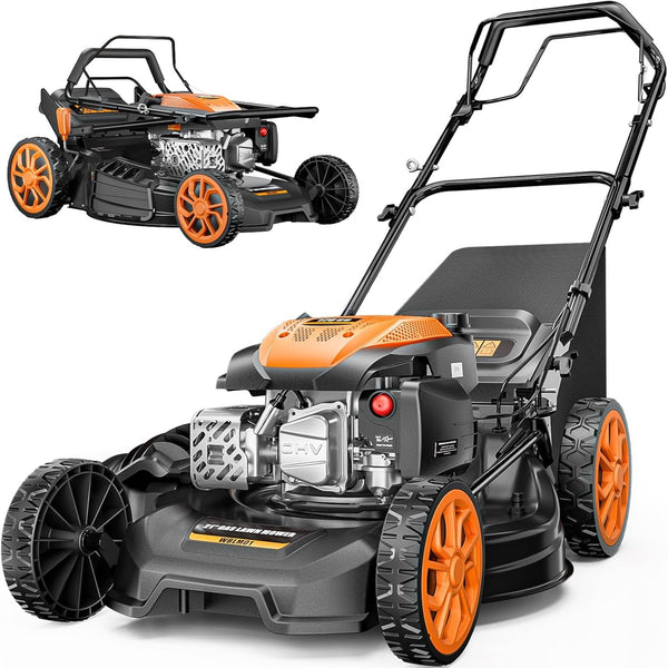 21” Self-Propelled Gas Lawn Mower, 170CC 4-In-1 Mulch/Rear Bag/Side Discharge/Rear Discharge, Foldable Gas Powered Lawn Mowers with 7-Position Cutting Height, Walk-Behind Gas Lawnmower (Yellow)