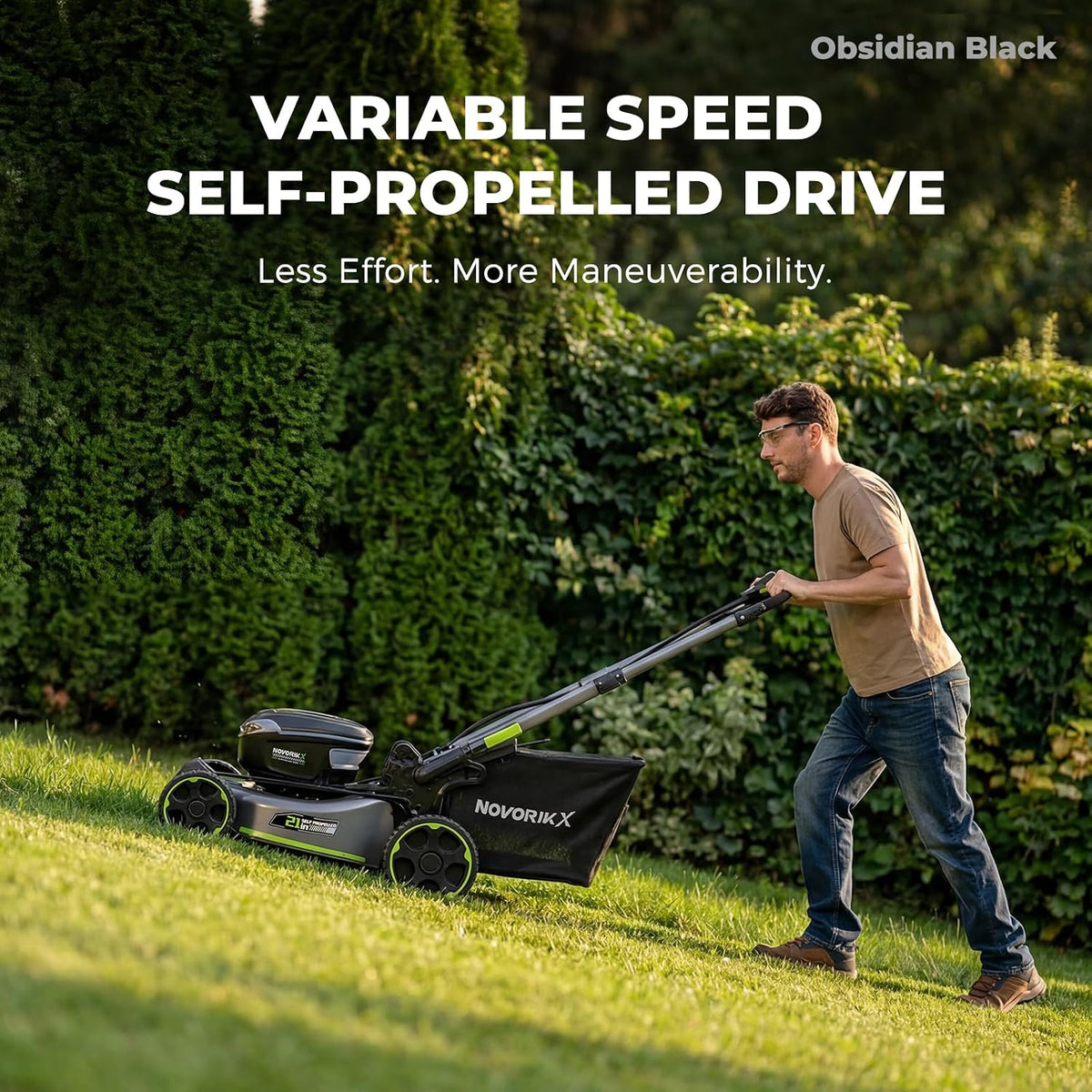 60V Cordless Lawn Mower with 2X5.0Ah Battries, 21" Self Propelled Electric Lawn Mower, Brushless Motor, LED Headlight 3 in 1 Mulching Bagging Side Discharge Obsidian Black