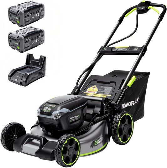 60V Cordless Lawn Mower with 2X5.0Ah Battries, 21" Self Propelled Electric Lawn Mower, Brushless Motor, LED Headlight 3 in 1 Mulching Bagging Side Discharge Obsidian Black