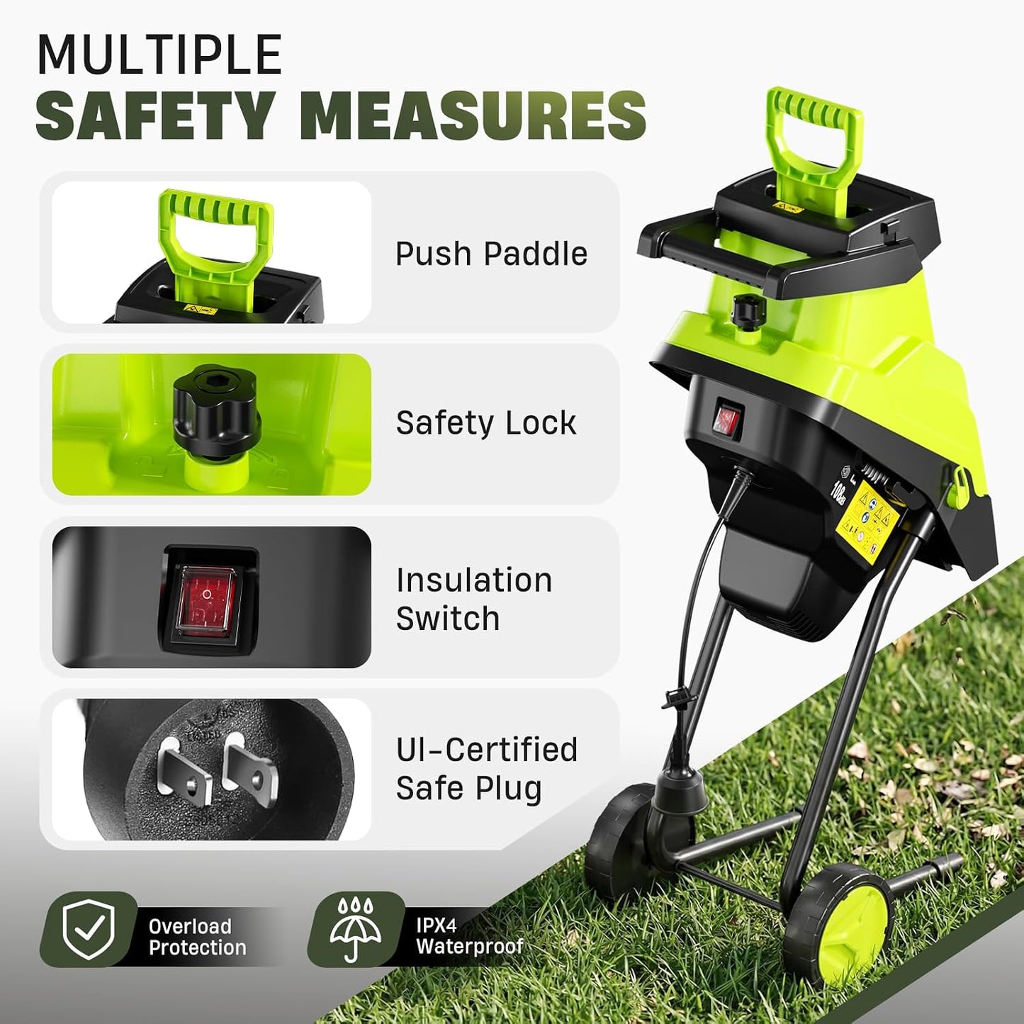 Wood Chipper, 15-Amp 1.8" Cutting Diameter Electric Wood Chipper & Shredder with 45L Collection Bag and Push Stick, Double-Sided Blade for Cutting Branches, Clippings