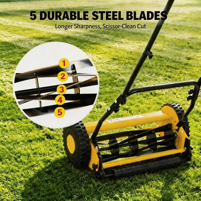 14" Push Lawn Mower, Manual Hand Push Lawn Mower without Grass Catcher, Lightweight & Portable Walk-Behind Mower for Small Yards, Garden & Patio