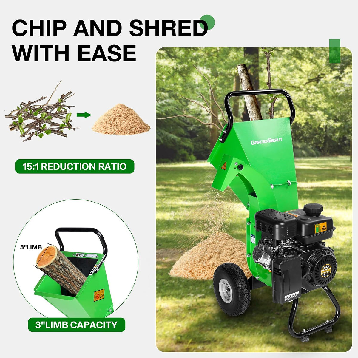 S3 Wood Chipper Shredder, 7HP 212Cc Gas Powered Heavy Duty, 3" Max Wood Diameter Capacity, 15: 1 Reduction Ratio, Easy Assembly, 1-Year Warranty after Product Registration
