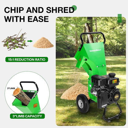 S3 Wood Chipper Shredder, 7HP 212Cc Gas Powered Heavy Duty, 3" Max Wood Diameter Capacity, 15: 1 Reduction Ratio, Easy Assembly, 1-Year Warranty after Product Registration