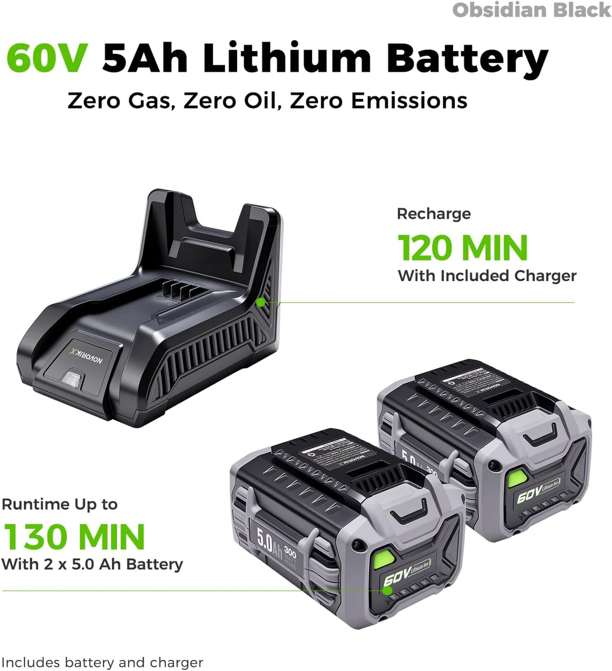 60V Cordless Lawn Mower with 2X5.0Ah Battries, 21" Self Propelled Electric Lawn Mower, Brushless Motor, LED Headlight 3 in 1 Mulching Bagging Side Discharge Obsidian Black