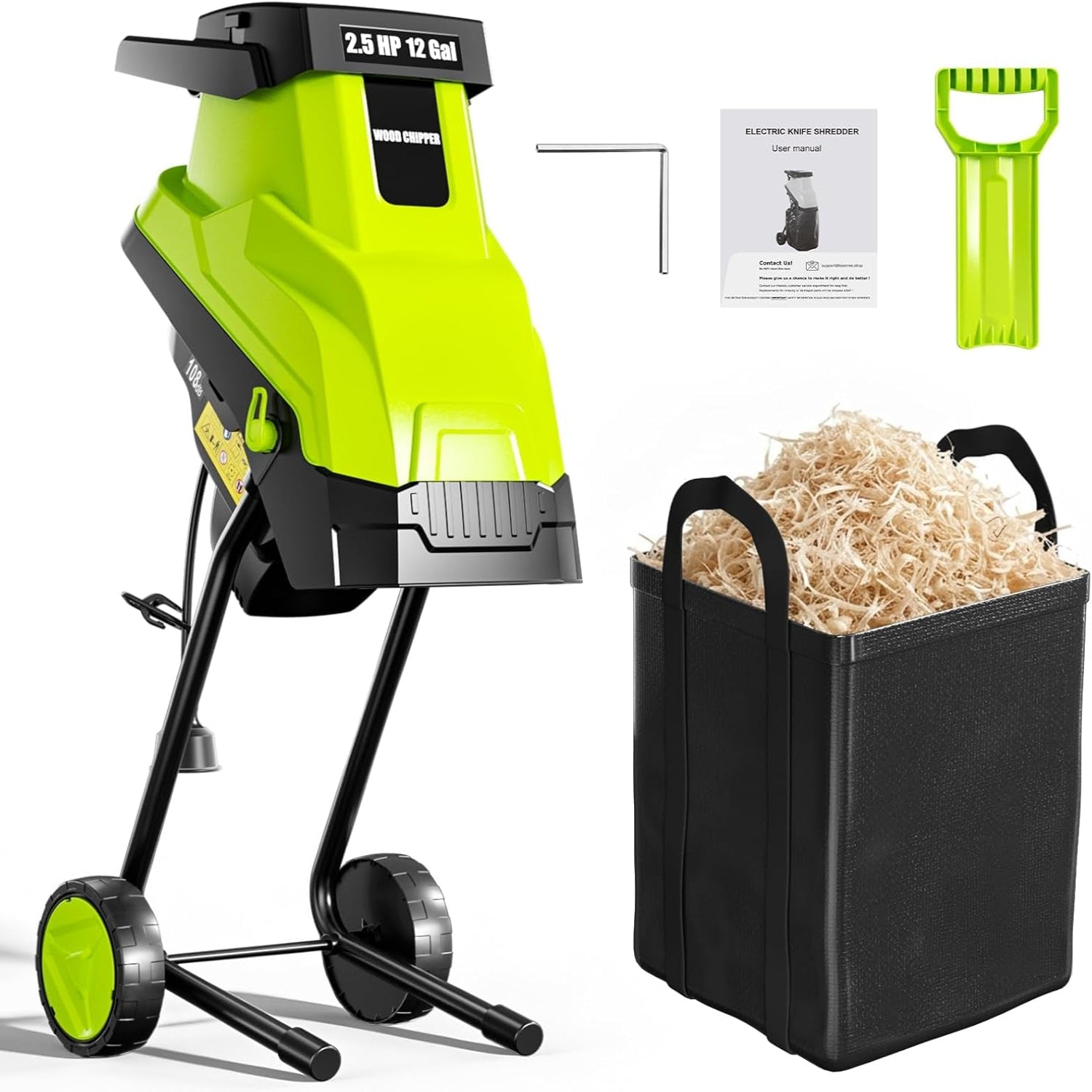 Wood Chipper, 15-Amp 1.8" Cutting Diameter Electric Wood Chipper & Shredder with 45L Collection Bag and Push Stick, Double-Sided Blade for Cutting Branches, Clippings