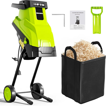 Wood Chipper, 15-Amp 1.8" Cutting Diameter Electric Wood Chipper & Shredder with 45L Collection Bag and Push Stick, Double-Sided Blade for Cutting Branches, Clippings