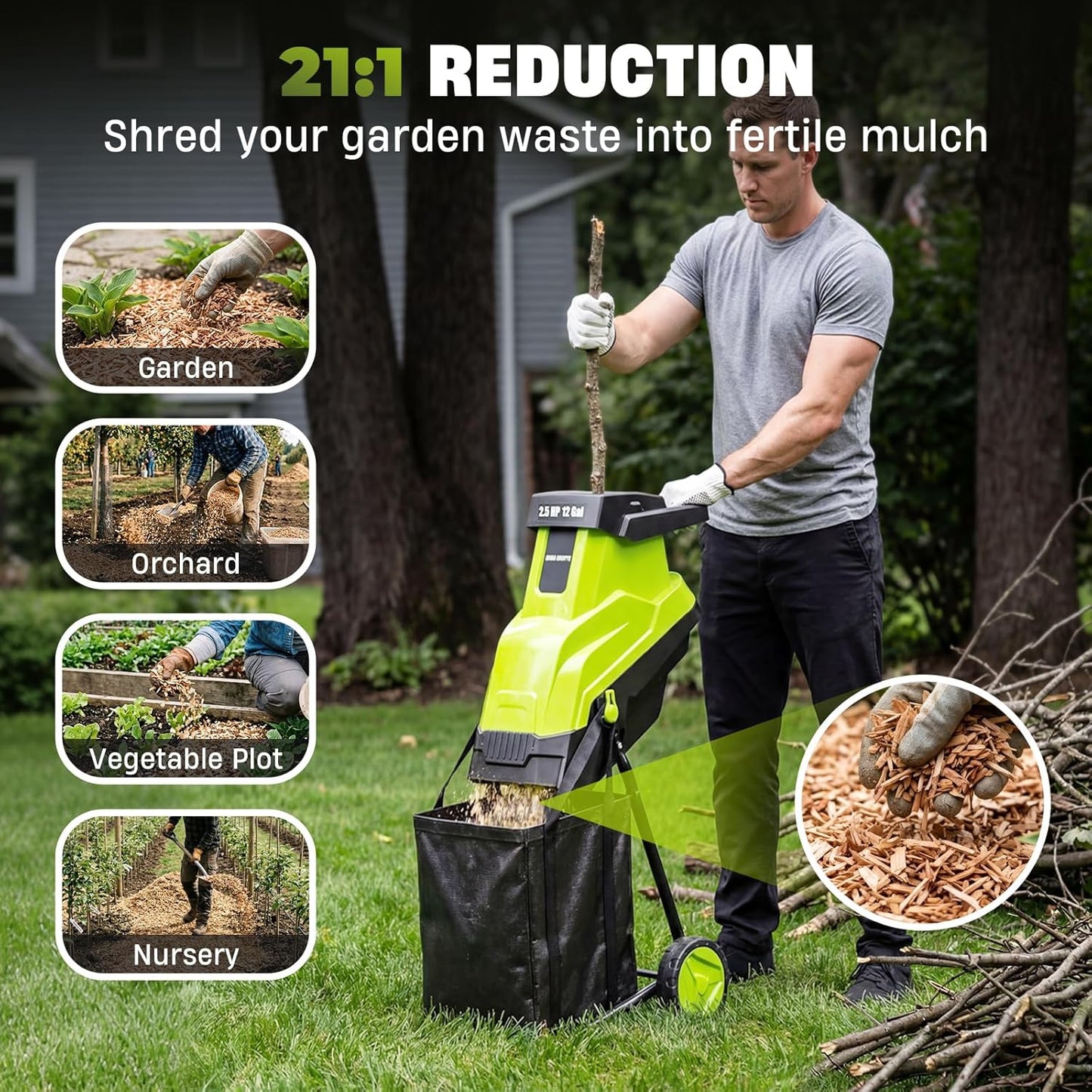 Wood Chipper, 15-Amp 1.8" Cutting Diameter Electric Wood Chipper & Shredder with 45L Collection Bag and Push Stick, Double-Sided Blade for Cutting Branches, Clippings