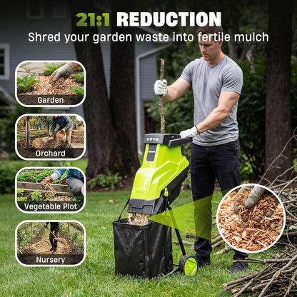 Wood Chipper, 15-Amp 1.8" Cutting Diameter Electric Wood Chipper & Shredder with 45L Collection Bag and Push Stick, Double-Sided Blade for Cutting Branches, Clippings